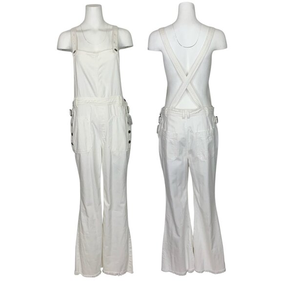 Free People We The Free Denim Overalls 30 White Frayed Flare Utility Bohemian - Picture 1 of 14